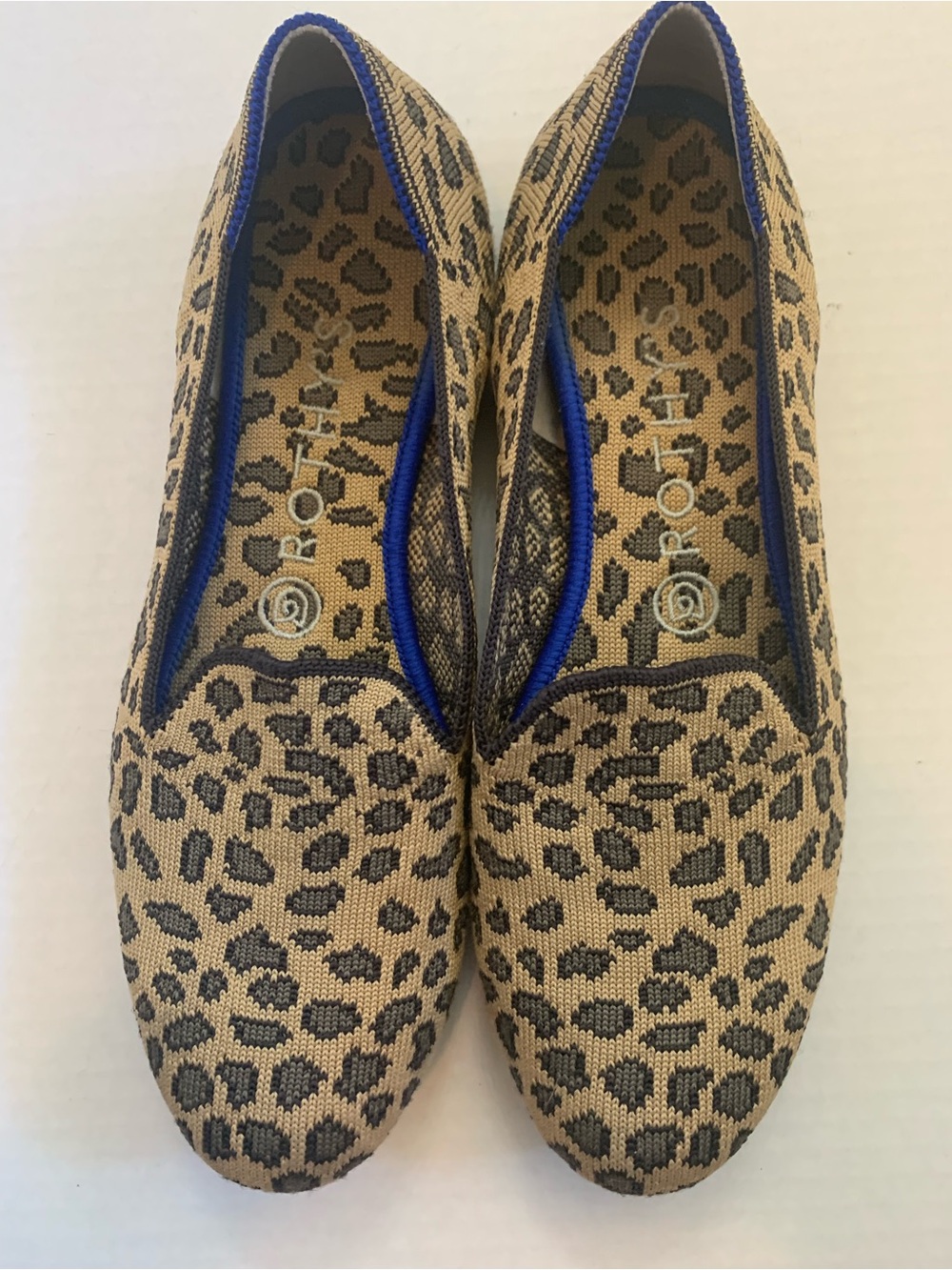 Rothy's Leopard Print Slip-On Loafers with Blue Trim Size 8